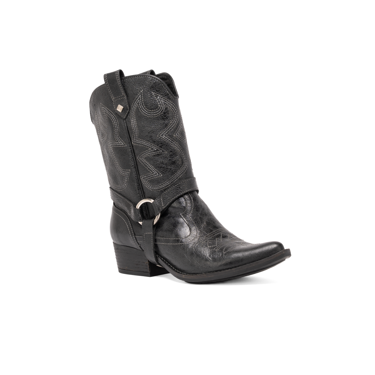 Scarlett Chase black leather interchangeable mid-calf Fiona cowboy boot gaiter with decorative stitching and clip-on straps and Fiona cowboy bootie with decorative stitching and a side zipper | | Mid-calf gaiter attached to bootie 3/4 view on white background