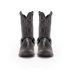 Scarlett Chase black leather interchangeable mid-calf Fiona cowboy boot gaiter with decorative stitching and clip-on straps and Fiona cowboy bootie with decorative stitching and a side zipper | | Pair of mid-calf gaiters attached to booties facing forward on white background
