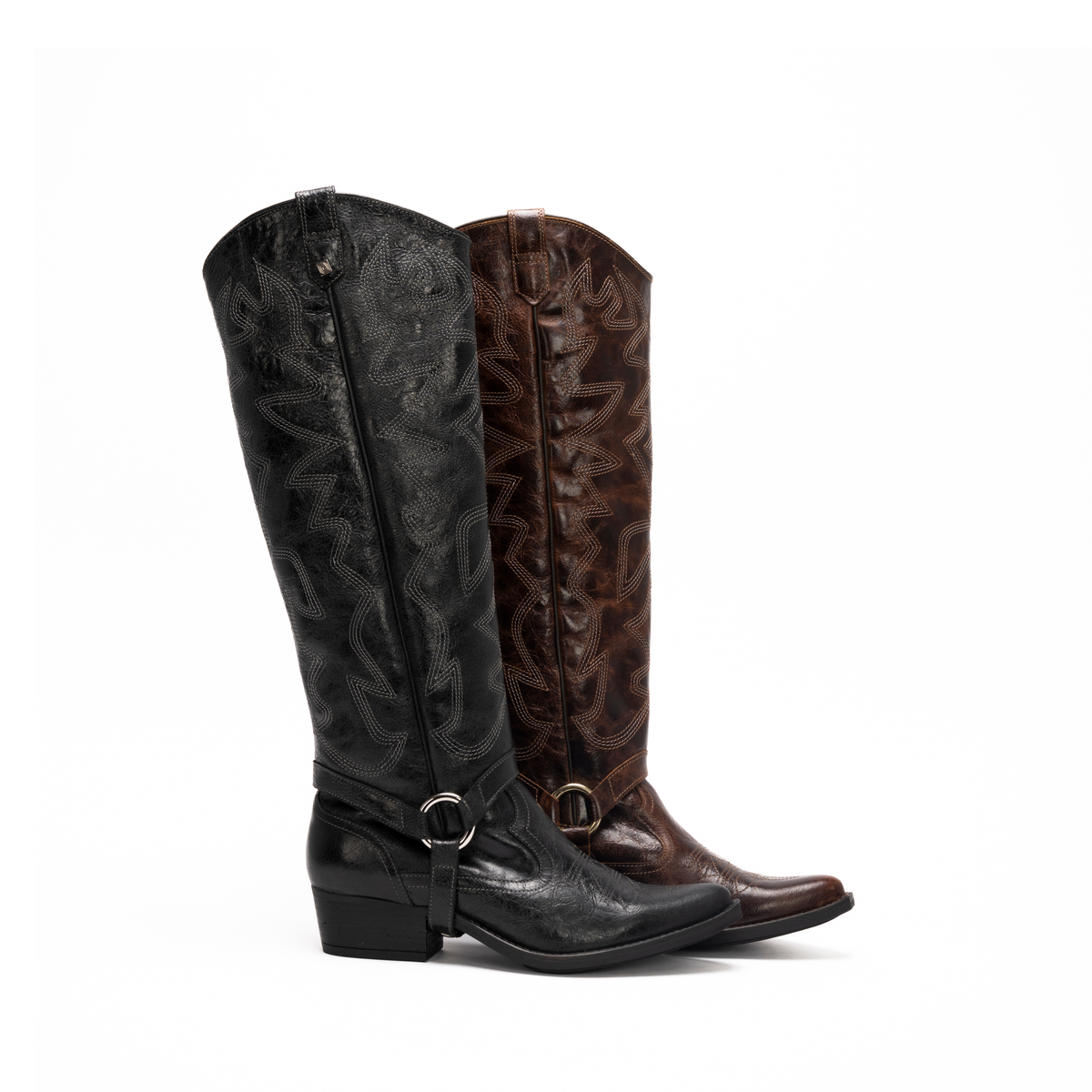 Scarlett Chase Mahogony and black leather Fiona cowboy bootie with decorative stitching and a side zipper and interchangeable knee-high gaiters with decorative stitching and clip-on straps | Both colors profile view staggered with gaiters attached on white background