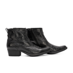 Scarlett Chase black leather Fiona cowboy bootie with decorative stitching and a side zipper | profile view of staggered pair facing to the right with white background