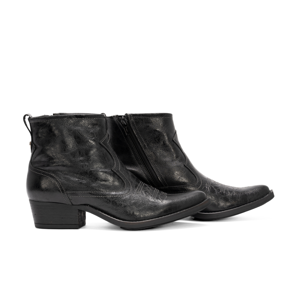 Scarlett Chase black leather Fiona cowboy bootie with decorative stitching and a side zipper | profile view of staggered pair facing to the right with white background