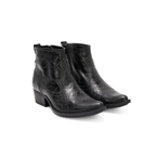 Scarlett Chase black leather Fiona cowboy bootie with decorative stitching and a side zipper | 3/4 view of pair facing to the right with white background