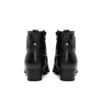 Scarlett Chase black leather Fiona cowboy bootie with decorative stitching and a side zipper | Back detail view of pair on white background