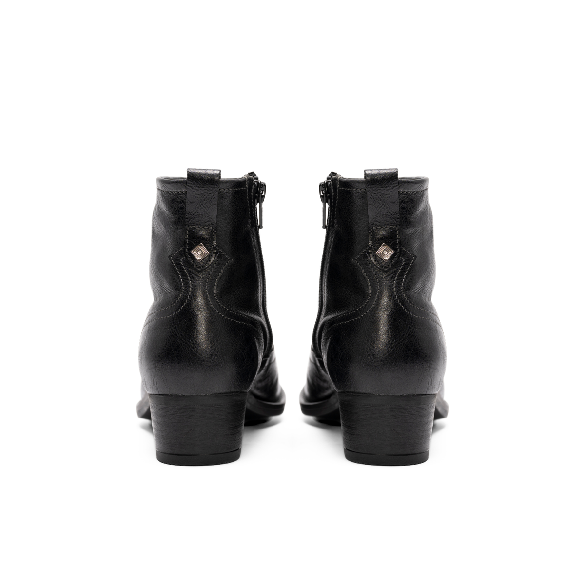Scarlett Chase black leather Fiona cowboy bootie with decorative stitching and a side zipper | Back detail view of pair on white background
