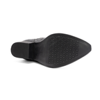 Scarlett Chase black leather Fiona cowboy bootie with decorative stitching and a side zipper | Outsole on white background