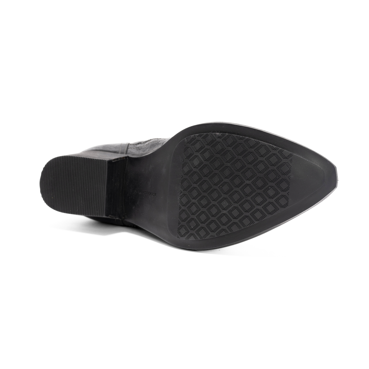 Scarlett Chase black leather Fiona cowboy bootie with decorative stitching and a side zipper | Outsole on white background
