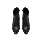 Scarlett Chase black leather Fiona cowboy bootie with decorative stitching and a side zipper | Overhead view of air on white background