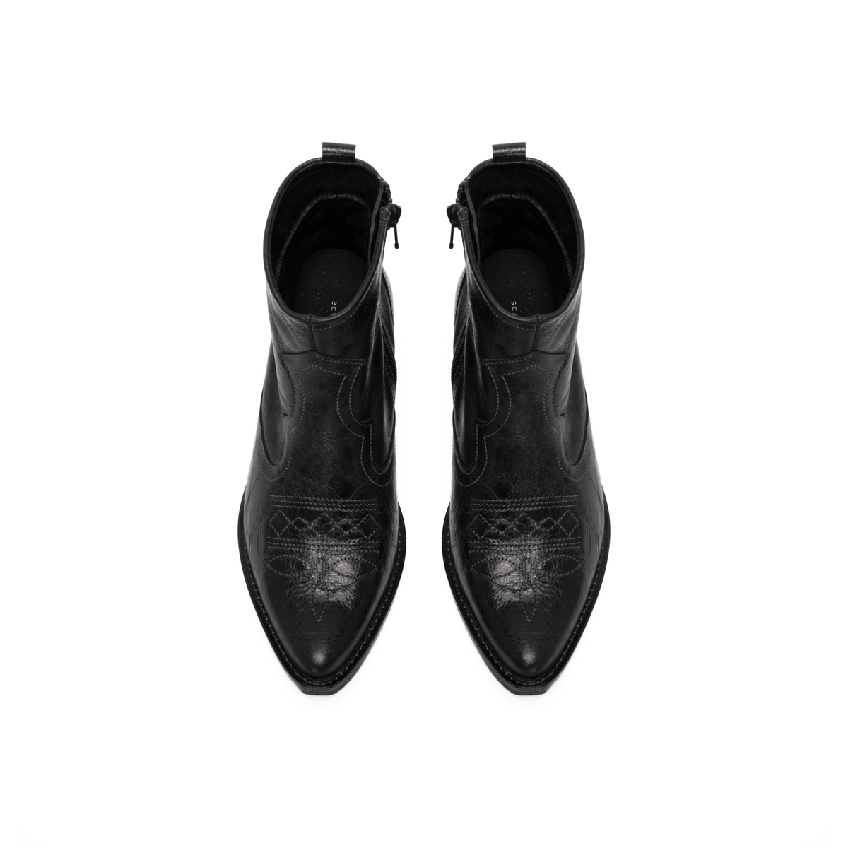 Scarlett Chase black leather Fiona cowboy bootie with decorative stitching and a side zipper | Overhead view of air on white background