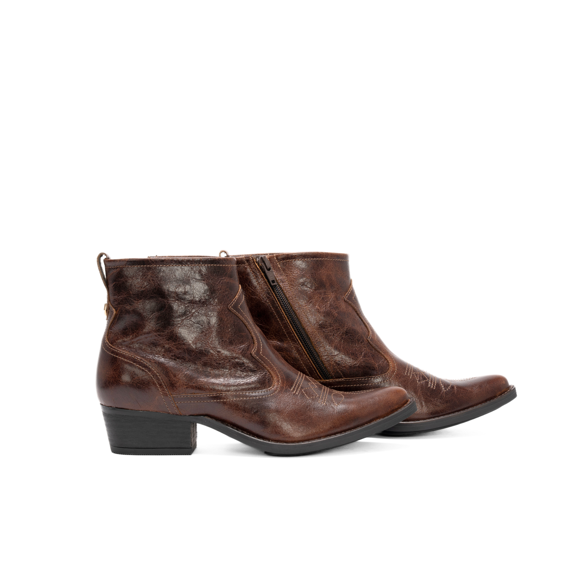 Scarlett Chase Mahogany leather Fiona cowboy bootie with decorative stitching and a side zipper | Profile of pair facing to the right on white background