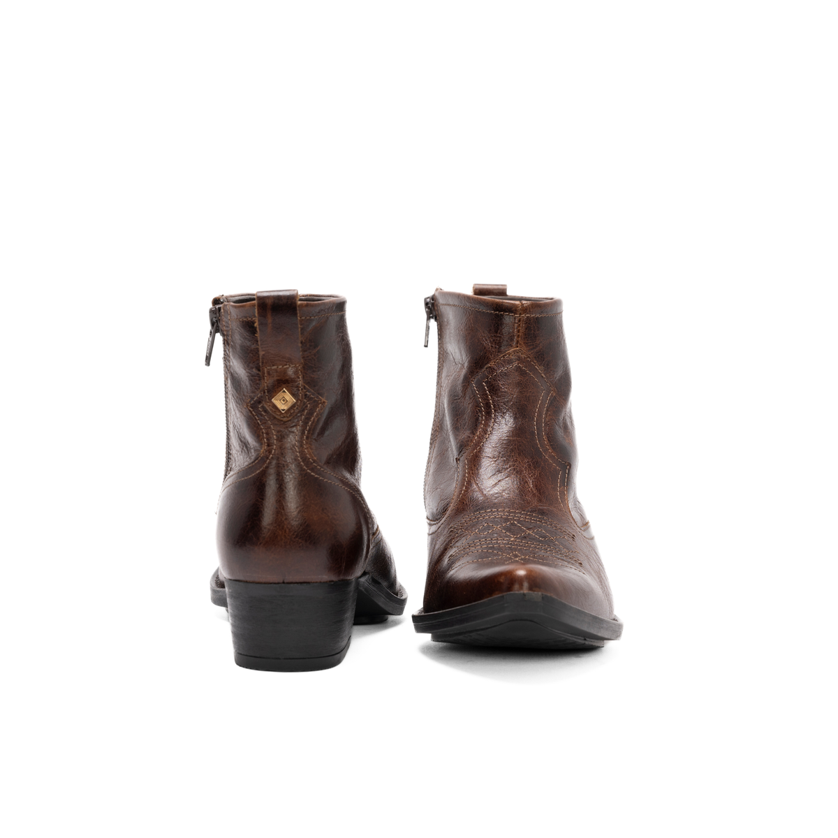 Scarlett Chase Mahogany leather Fiona cowboy bootie with decorative stitching and a side zipper | Front and back view on white background