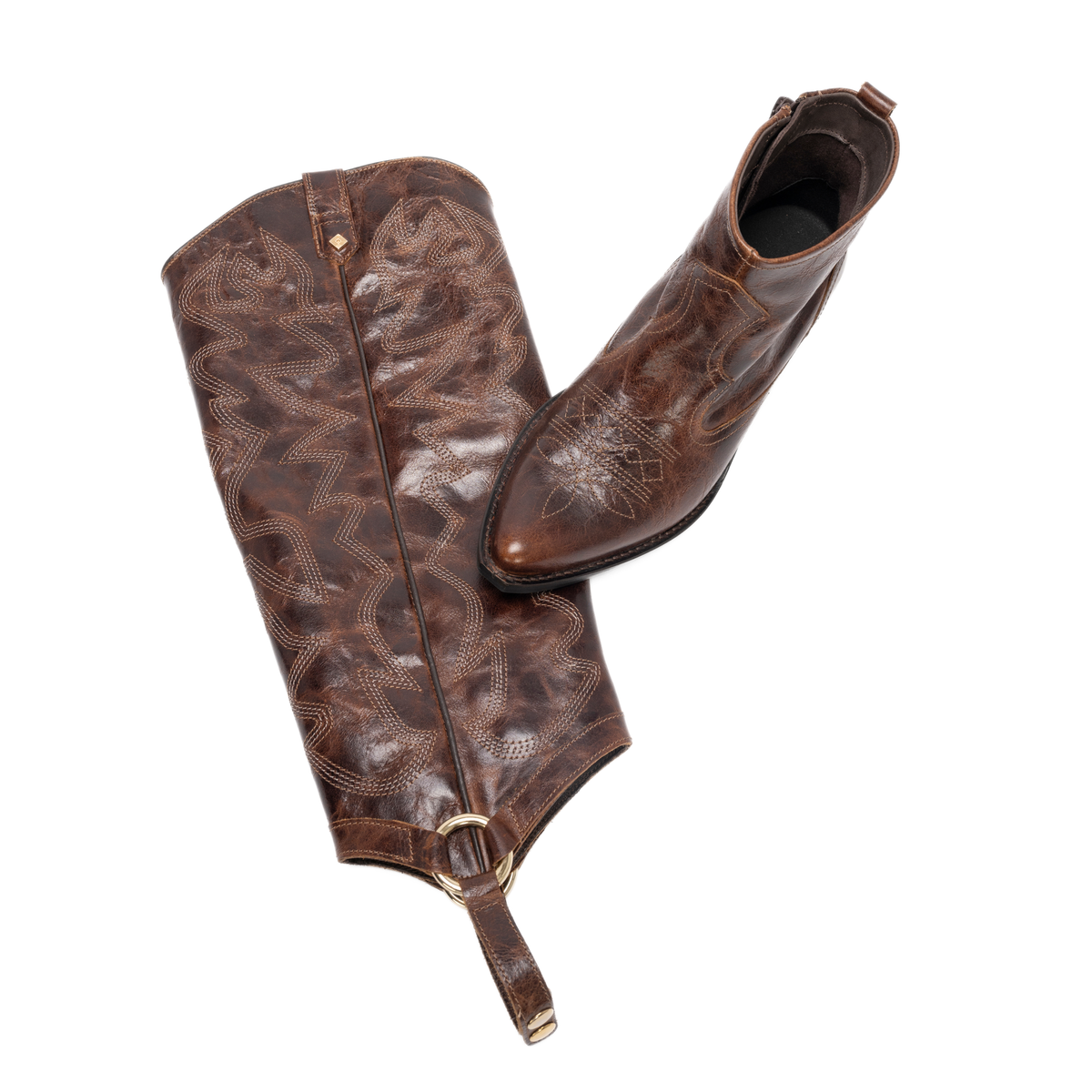 Scarlett Chase Mahogony leather Fiona cowboy bootie with decorative stitching and a side zipper and interchangeable knee-high Fiona cowboy boot gaiter with decorative stitching and clip-on straps | | Top down view of bootie resting on knee-high gaiter on white background