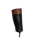 Scarlett Chase black / tan leather wide interchangeable knee-high riding Flynn boot gaiter with classic upper band and clip-on straps | Profile of knee-high wide gaiter on white background