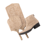 Scarlett Chase taupe suede Fiona cowboy booties with decorative stitching and a side zipper, knee-high boot gaiter with decorative stitching and clip-on straps, and mid-calf boot gaiter with decorative sticking and clip-on straps | Profile of bootie resting on knee-high and mid-calf gaiters on white background
