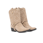 Scarlett Chase taupe suede Fiona cowboy booties with decorative stitching and a side zipper and mid-calf boot gaiter with decorative sticking and clip-on straps |3/4 view of staggered pair faciing the right with mid-calf gaiter on white background