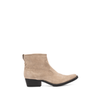 Scarlett Chase taupe suede Fiona cowboy booties with decorative stitching and a side zipper | Profile on white background