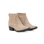 Scarlett Chase taupe suede Fiona cowboy booties with decorative stitching and a side zipper | 3/4 view of staggered pair facing the right on white background