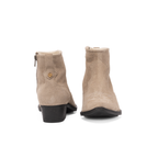 Scarlett Chase taupe suede Fiona cowboy booties with decorative stitching and a side zipper | Front and back view on white background 