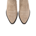 Scarlett Chase taupe suede Fiona cowboy booties with decorative stitching and a side zipper | Detail of toe on white background