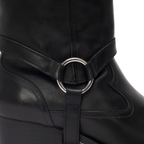 Scarlett Chase Flynn black leather riding boot with a side zipper and black / black leather Flynn interchangeable knee-high riding boot gaiter with classic upper band and clip-on straps | Detail of strap attaching boot and knee-high gaiter on white background