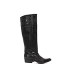 Scarlett Chase Flynn black leather riding boot with a side zipper and black / black leather Flynn interchangeable knee-high riding boot gaiter with classic upper band and clip-on straps | Profile view of attached knee-high gaiter and boot on white background