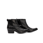 Scarlett Chase Flynn black leather riding boot with a side zipper | Profile view of staggered pair on white background