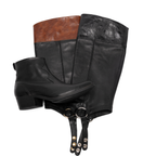 Scarlett Chase Flynn black leather riding boot with a side zipper and black / tan leather and black / black leather Flynn interchangeable knee-high riding boot gaiter with classic upper band and clip-on straps | 3/4 view of boot laying on both gaiters on white background