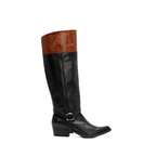 Scarlett Chase Flynn black leather wide riding boot with a side zipper and black / tan leather Flynn interchangeable knee-high riding boot gaiter with classic upper band and clip-on straps | Profile view facing right of attached wide knee-high gaiter and boot on white background