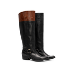 Scarlett Chase Flynn black leather riding boot with a side zipper and wide width black / tan leather and black / black leather Flynn interchangeable knee-high riding boot gaiter with classic upper band and clip-on straps | One boot with attached black / tan leather knee-high gaiter and one with attached black / black knee-high gaiter 3/4 view on white background