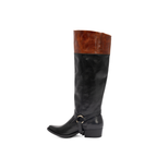 Scarlett Chase Flynn wide black leather riding boot with a side zipper and black / tan leather Flynn interchangeable knee-high riding boot gaiter with classic upper band and clip-on straps | Profile view facing right of attached wide knee-high gaiter and boot on white background