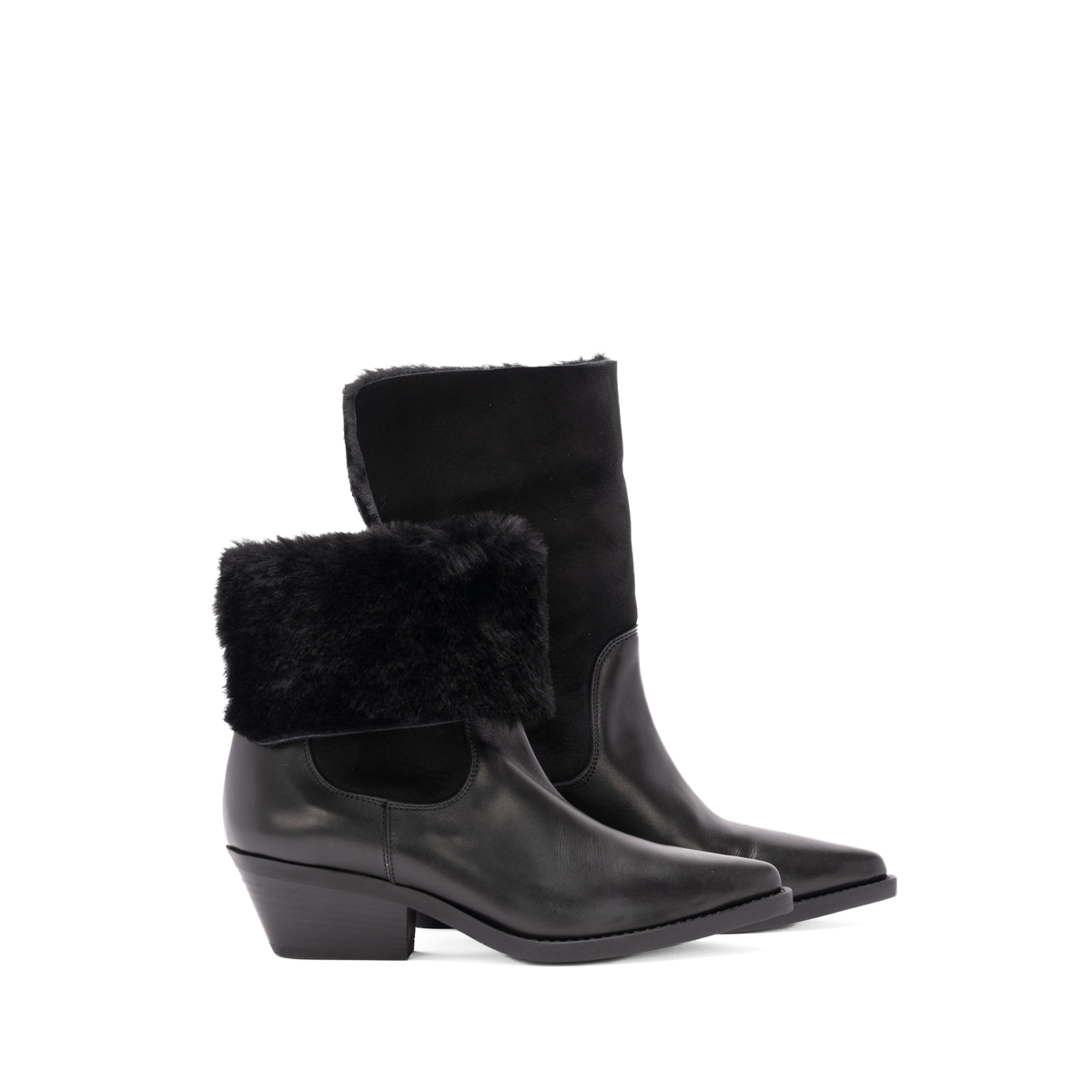 Scarlett Chase Forage pull on boot in black leather with black shearling collar | Side view of pair pointing right one with collar up and one with collar down on white background