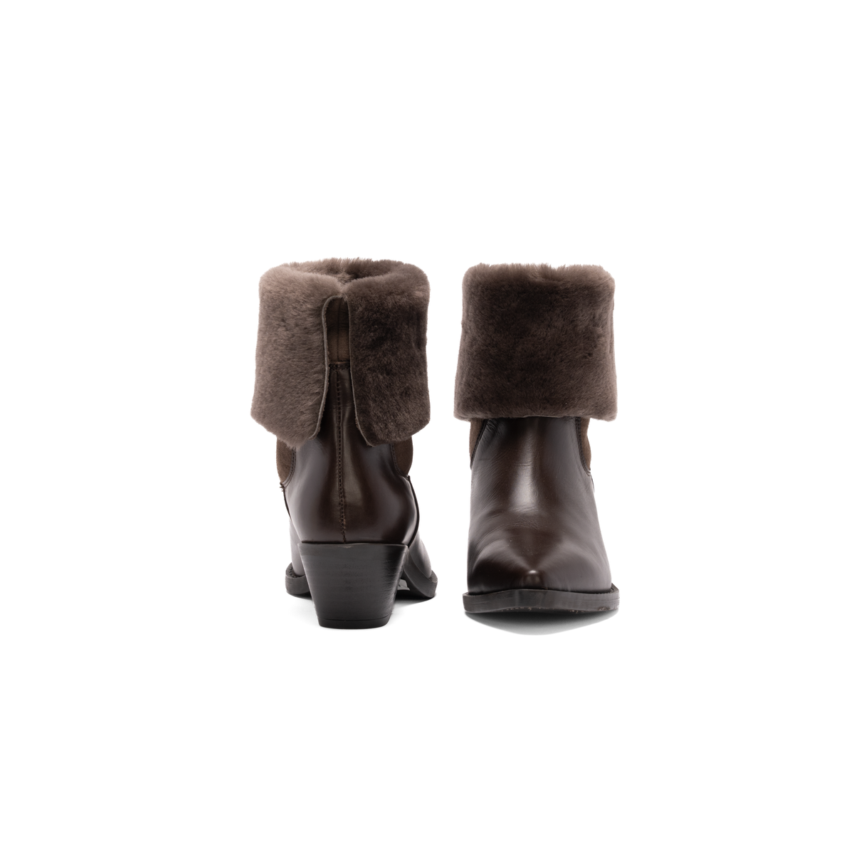 Scarlett Chase Forage pull on boot in chocolate leather with chocolate shearling collar | Toe to heel view of pair withe collar down on white background