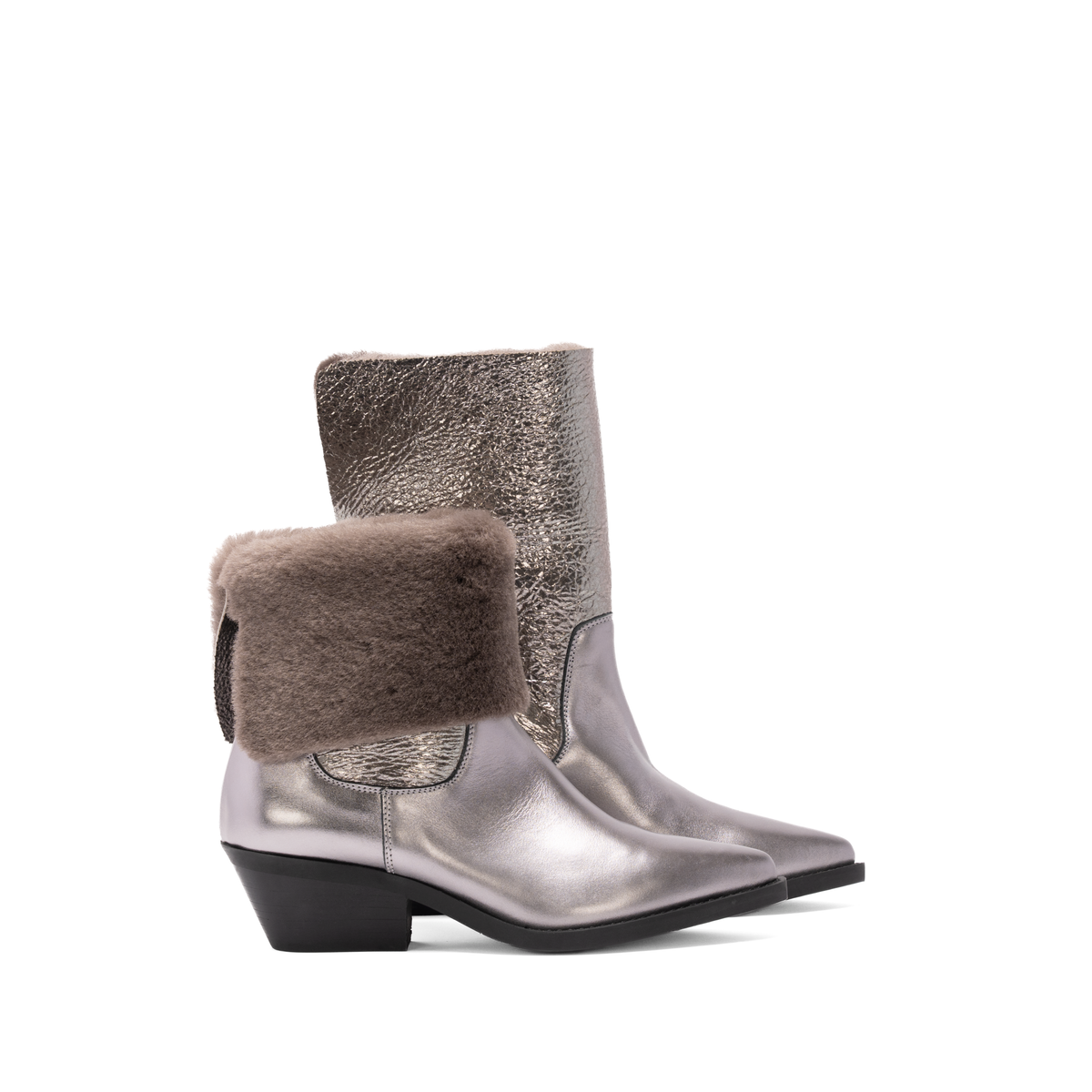 Scarlett Chase Forage pull on boot in metallic silver with a brown shearling collar | Side profile of both boots facing right with one collar up and one collar down on a white background. 

