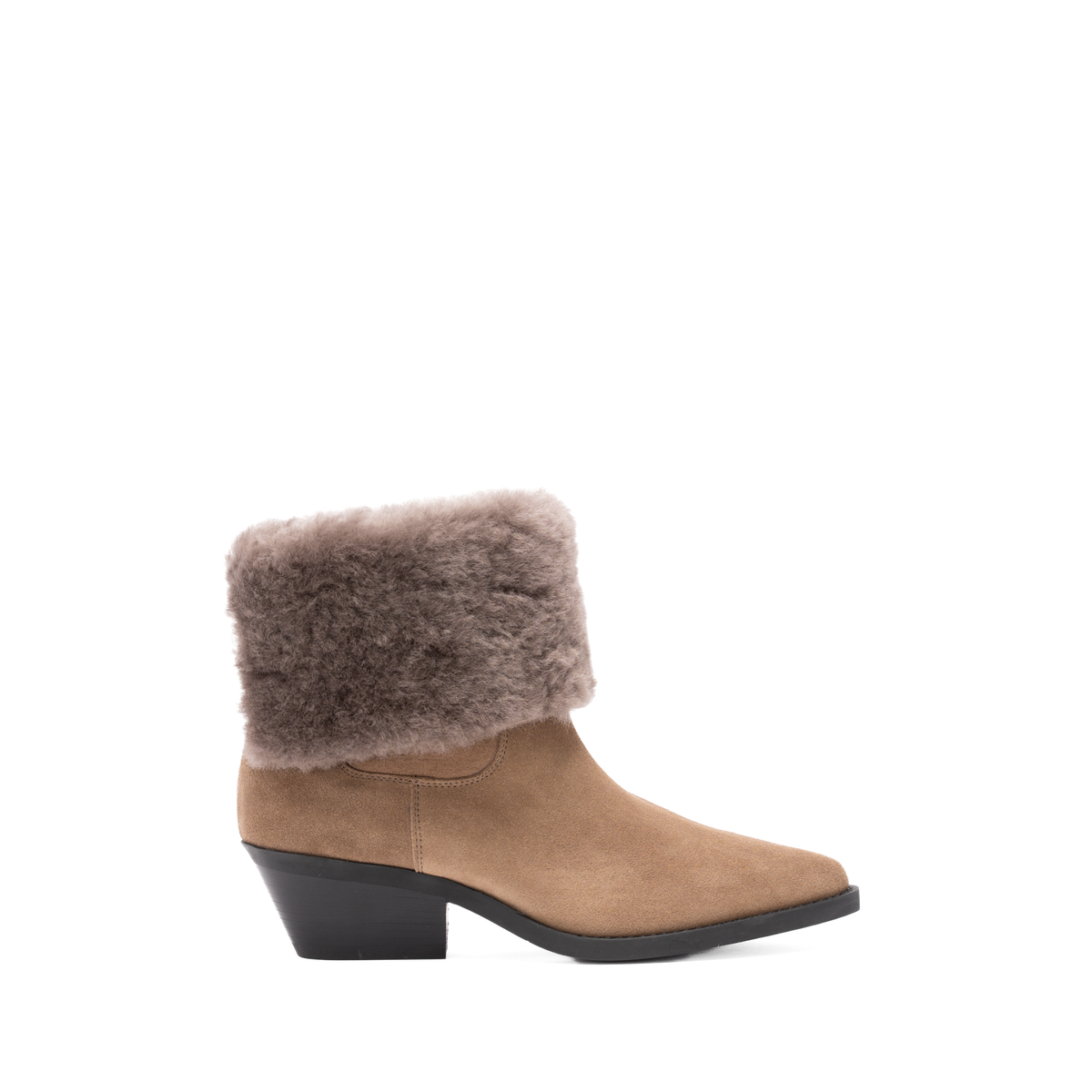 Scarlett Chase Forage pull on boot in taupe suede with taupe shearling collar | Side profile facing right with collar down 