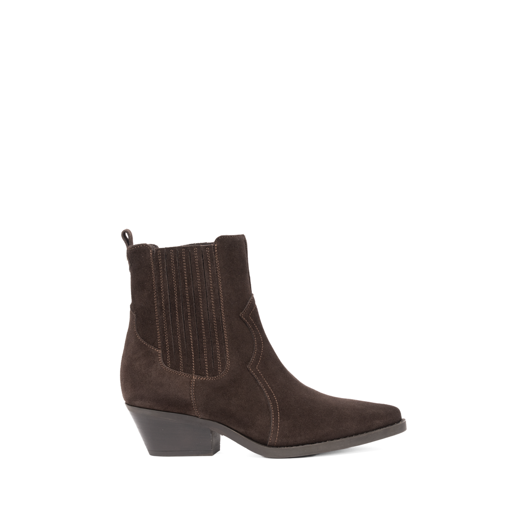 Scarlett Chase Frida Cowboy Boot in Chocolate Suede | Profile on a white background