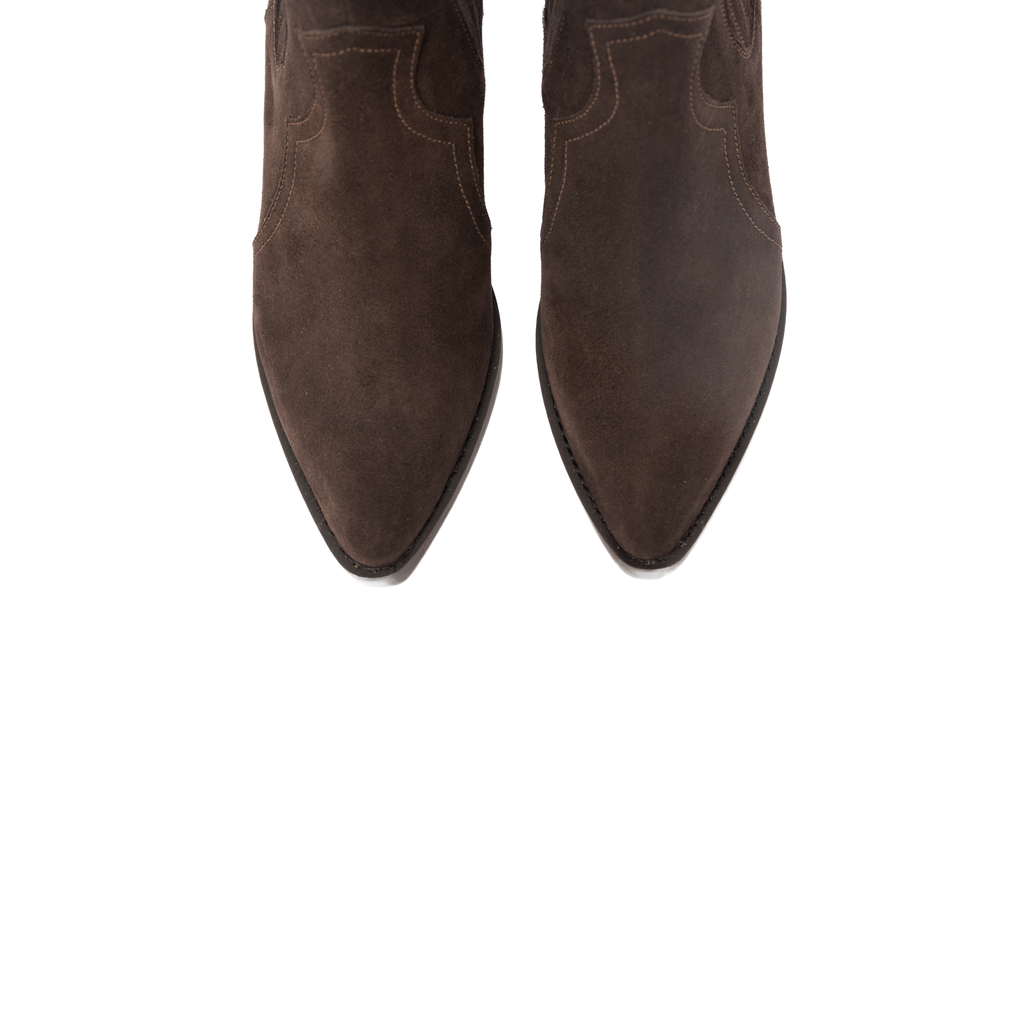 Scarlett Chase Frida Cowboy Boot in Chocolate Suede | Overhead toe view on a white background