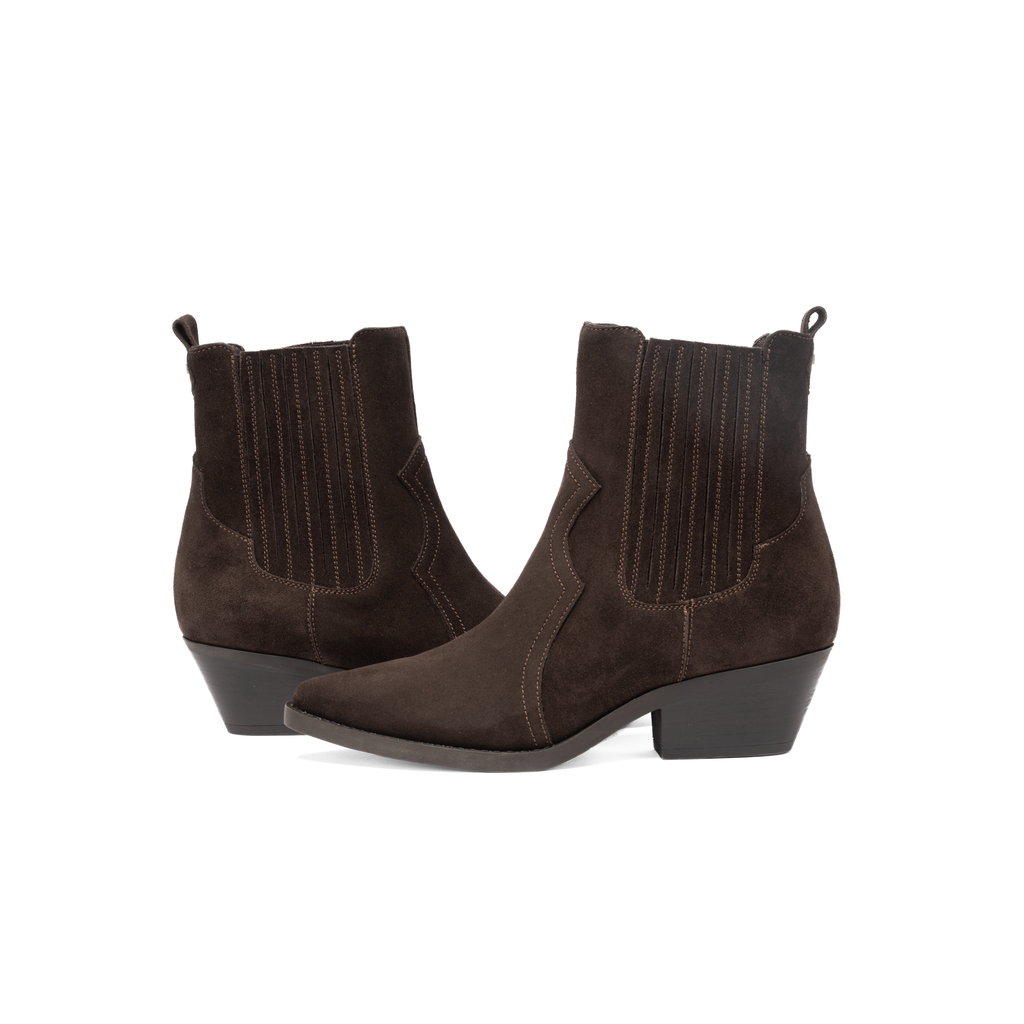 Scarlett Chase Frida Cowboy Boot in Chocolate Suede | Side to side on a white background