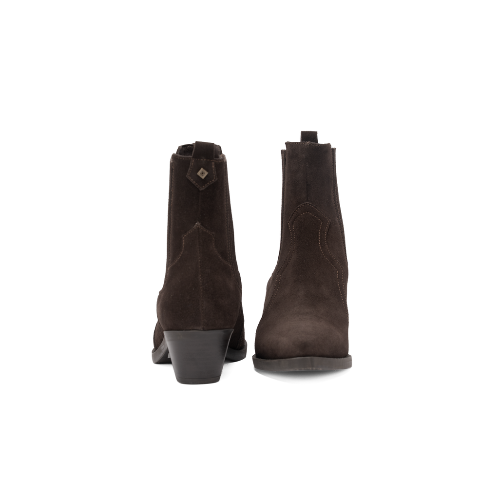 Scarlett Chase Frida Cowboy Boot in Chocolate Suede | Front and back view on a white background
