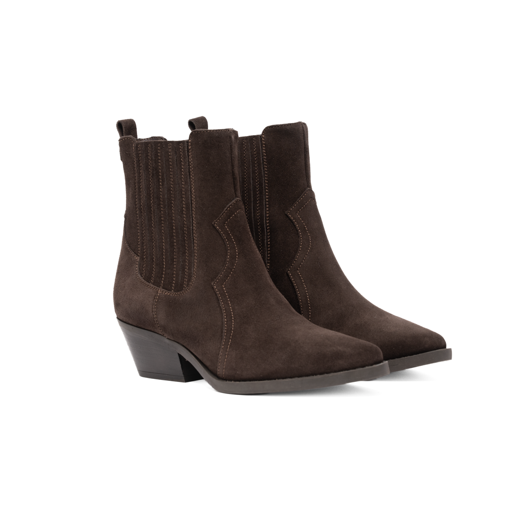 Scarlett Chase Frida Cowboy Boot in Chocolate Suede | Pair 3/4 profile on a white background