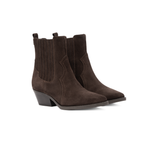 Scarlett Chase Frida Cowboy Boot in Chocolate Suede | Pair 3/4 profile on a white background