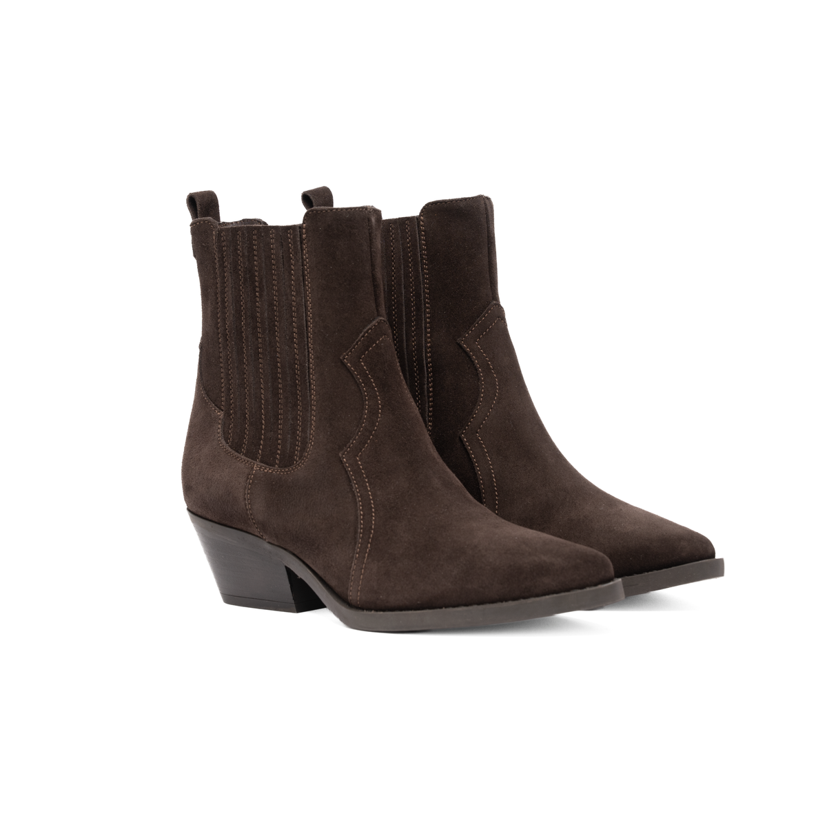 Scarlett Chase Frida Cowboy Boot in Chocolate Suede | Pair 3/4 profile on a white background