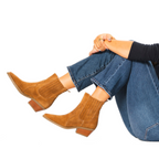 Scarlett Chase Caramel ankle Frida Cowboy Boot with gore stretch | On feet on white background
