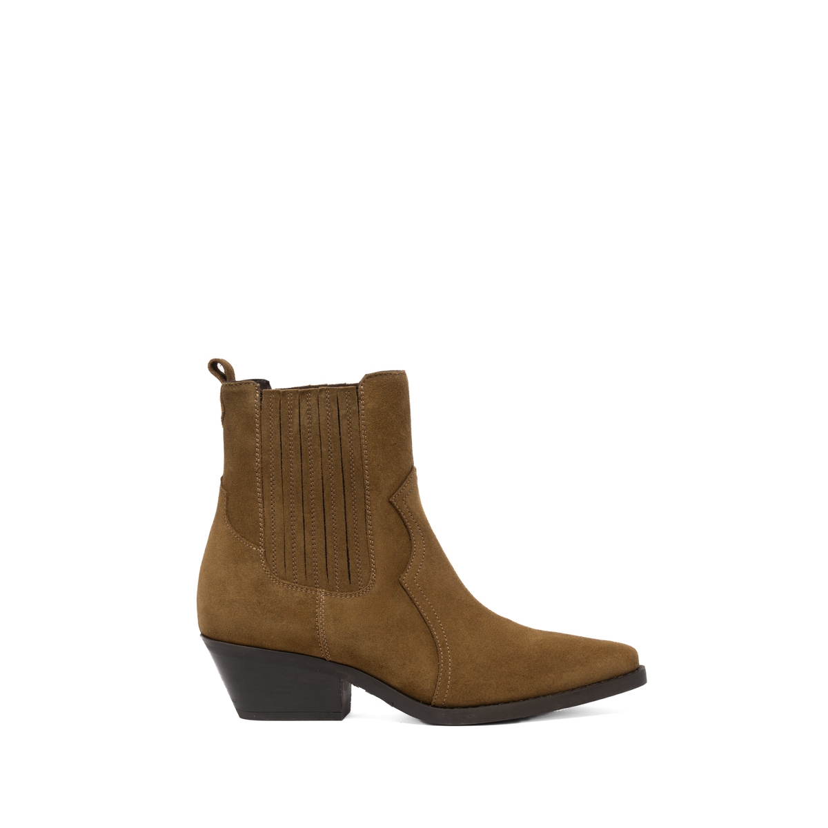 Scarlett Chase Frida Cowboy Boot in Olive Suede | Profile on a white background