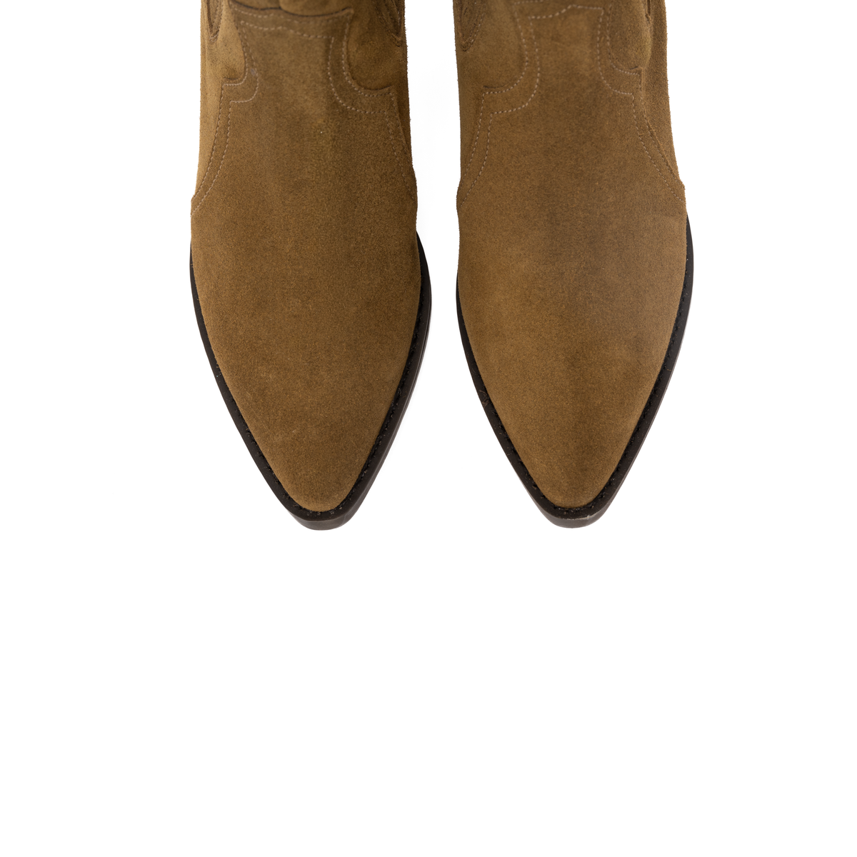 Scarlett Chase Frida Cowboy Boot in Olive Suede | Overhead toe shot on a white background