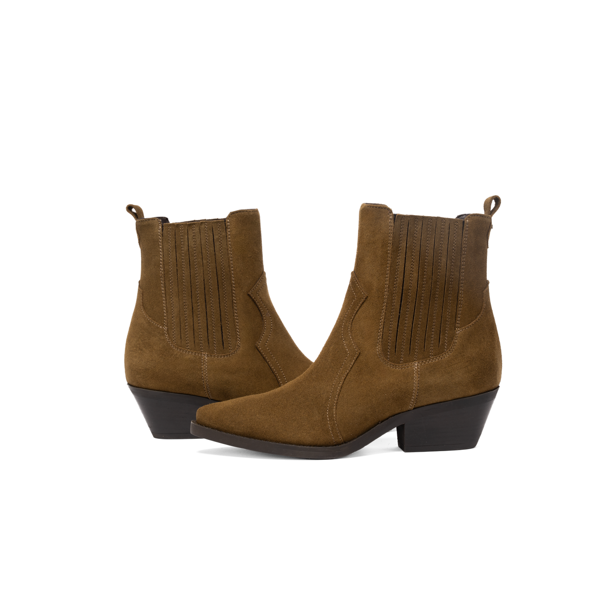 Scarlett Chase Frida Cowboy Boot in Olive Suede | Side to side view on a white background