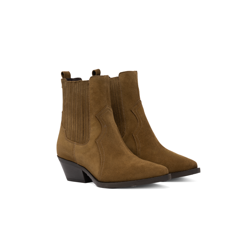 Scarlett Chase Frida Cowboy Boot in Olive Suede | Pair 3/4 profile on a white background