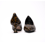 Scarlett Chase Cheetah patent leather Gala 55 Pump with a rounded upper and sculpted heel | Front and back view on white background