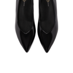 Scarlett Chase crinkle black patent Scarlett Chase Grace 55 Pump with a V-cut upper and sculpted heel | Toe detail on white background