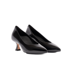 Scarlett Chase crinkle black patent Scarlett Chase Grace 55 Pump with a V-cut upper and sculpted heel | 3/4 view of staggard pair facing right on white background