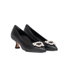 Scarlett Chase black metallic Grayson 55 Metallic Dress Pump with a rounded upper, sculpted heel, and a rhinestone toe accessory | 3/4 view facing right on white background