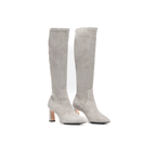 Scarlett Chase knee-high stretch moon suede Lola 75 boot with a block heel | Pair staggered 3/4 view facing right on white background